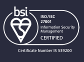 BSI ISO/IEC 27001 Information Security Management Certified — Certificate Number IS 539200